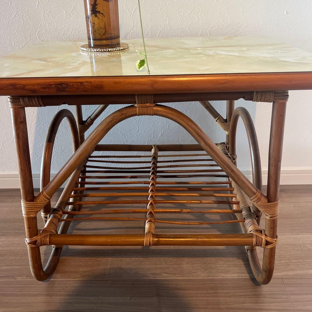 古家具◾️木製天板×籐ラタンフレーム カフェテーブル コーヒーテーブル 籐家具