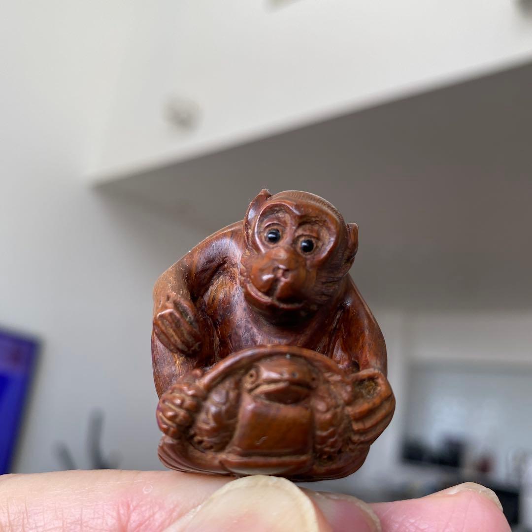 【「亀乗り猿」の根付】木彫 木彫り 置物 古玩 工芸品 骨董品