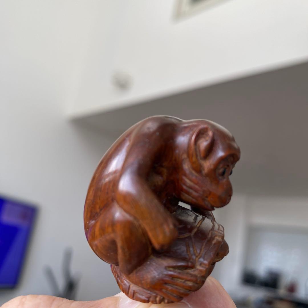 【「亀乗り猿」の根付】木彫 木彫り 置物 古玩 工芸品 骨董品
