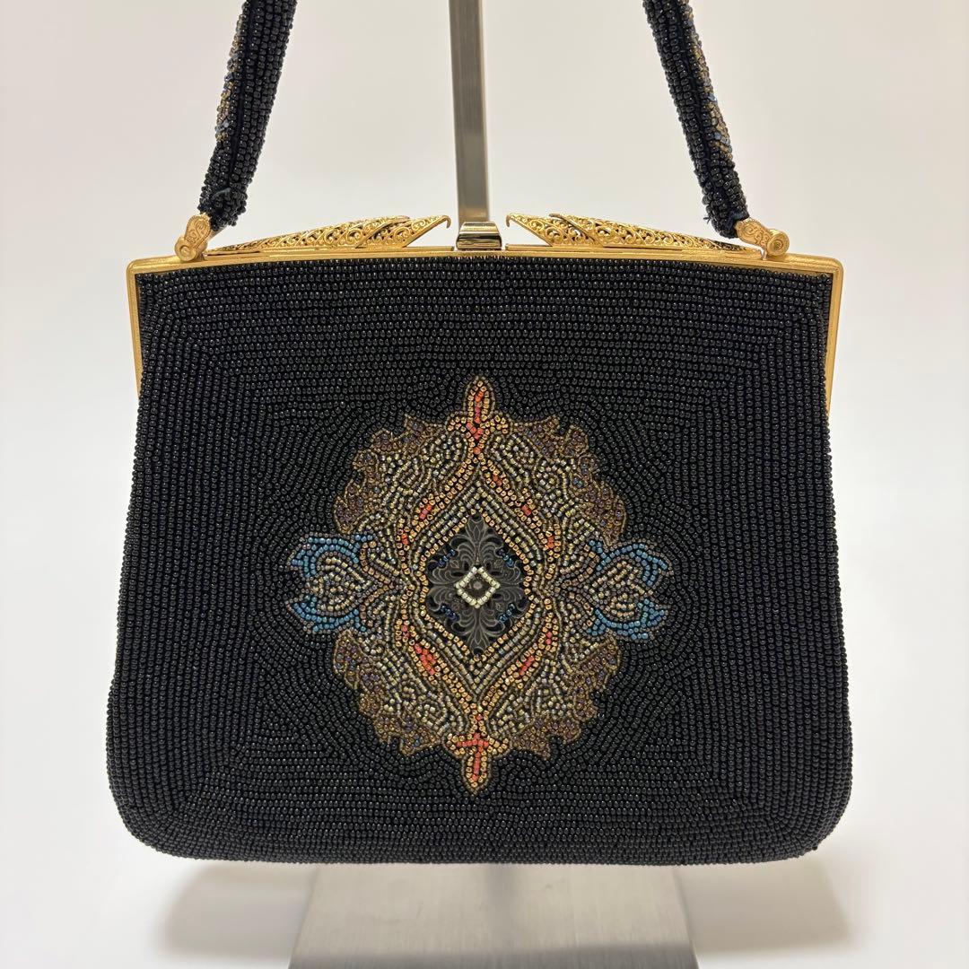 美品　柏ビーズ　ハンドバッグ　和装バッグ　総ビーズ　がま口　ゴールド金具　黒