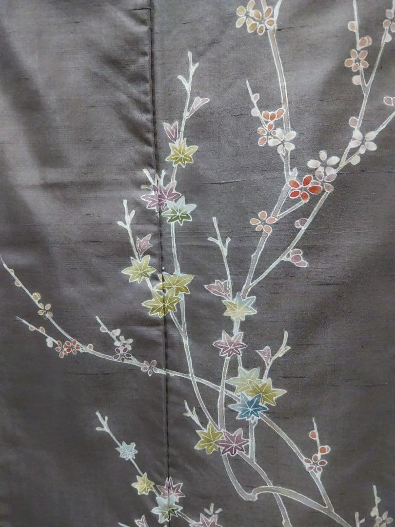 F-288 生紬地付け下げ 未使用 袷 枝花 楓 グレー系紫色 美品