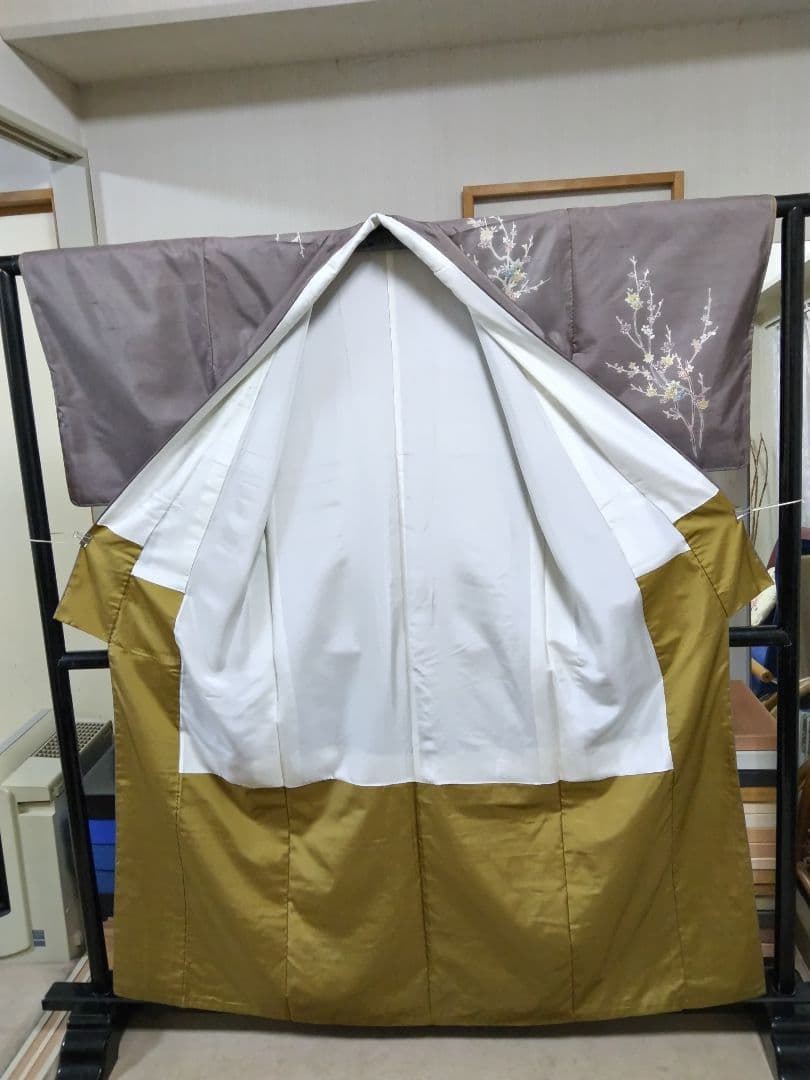 F-288 生紬地付け下げ 未使用 袷 枝花 楓 グレー系紫色 美品