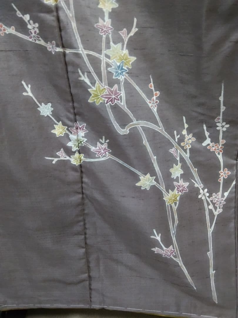 F-288 生紬地付け下げ 未使用 袷 枝花 楓 グレー系紫色 美品