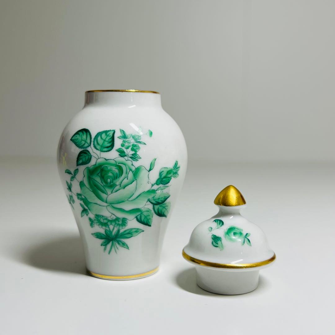 希少 Herend ヘレンド 花瓶 グリーン 薔薇 手描き 花器 飾り壺