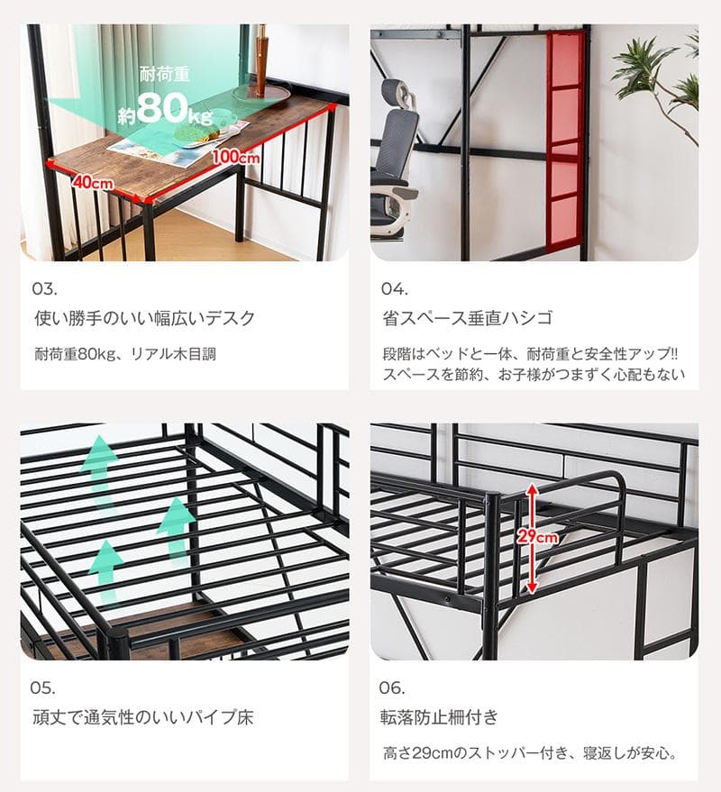 ロフトベッド パイプベッド シングル 木 収納 北欧風 Black