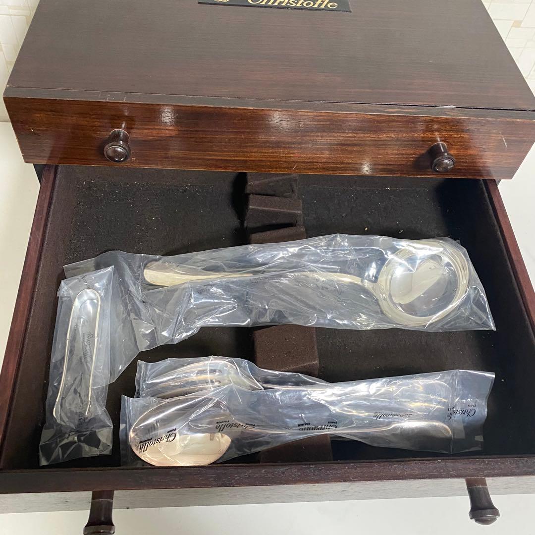 クリストフル 木製 4段収納チェスト 引き出し カトラリー セット 約90点