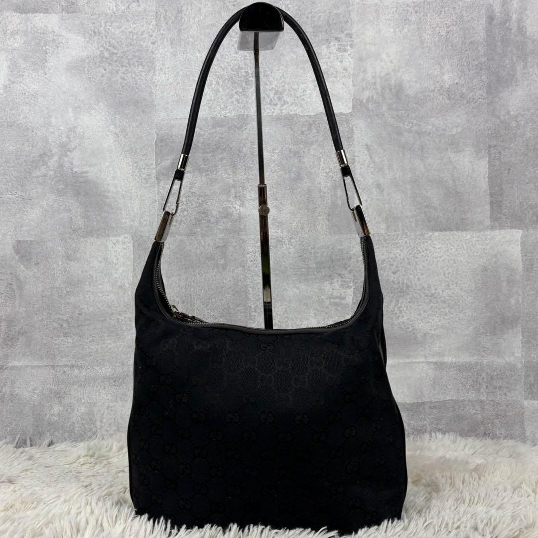 美品 GUCCI キャンバス レザー ワンショルダーバッグ GG 肩掛け 黒