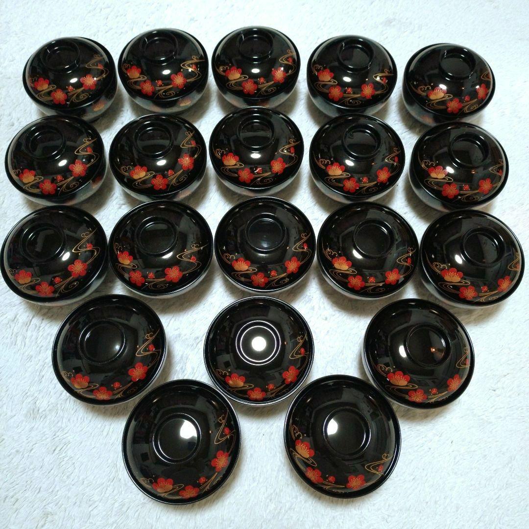 新品✬会津塗り　お吸い物椀蓋付き　流れ梅20客　漆器　桐箱入り