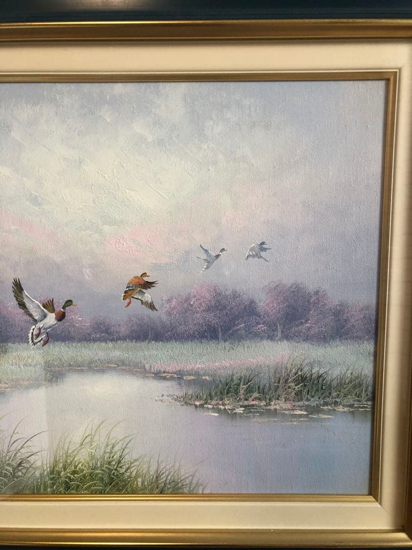 絵画　風景画　 湖畔　鴨　インテリア　額　パステルカラー　ほとり