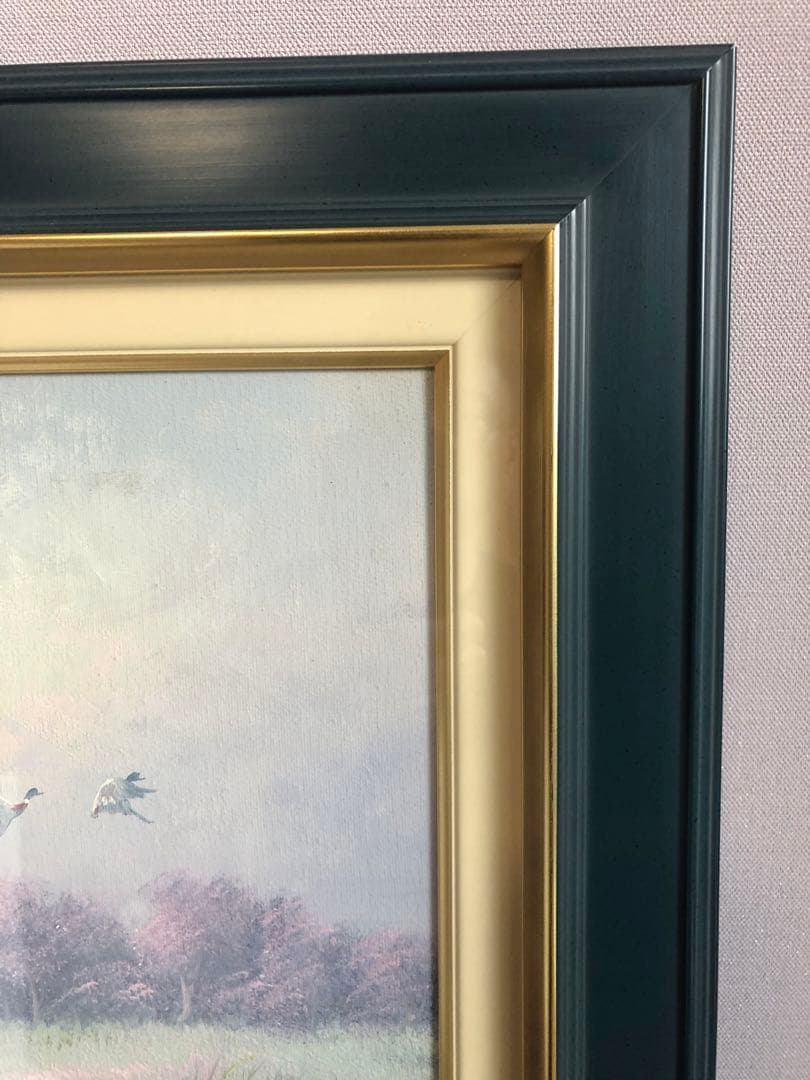 絵画　風景画　 湖畔　鴨　インテリア　額　パステルカラー　ほとり