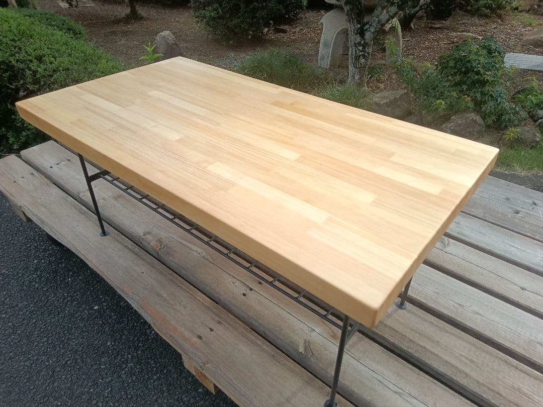 パイン集成材蜜蝋ワックス塗装木製アイアンテーブル