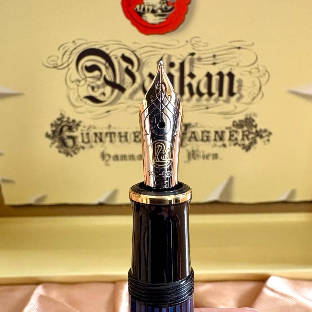 【美品】ペリカン万年筆 スーベレーン M400 青縞 インク2個 14金ロジウム