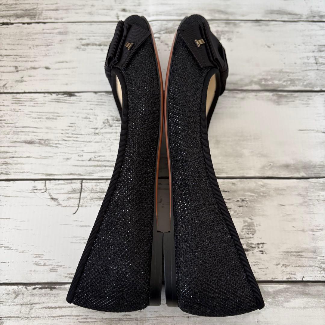 美品✨LANVIN en Bleu バレエシューズ リボン ラメ　黒 24