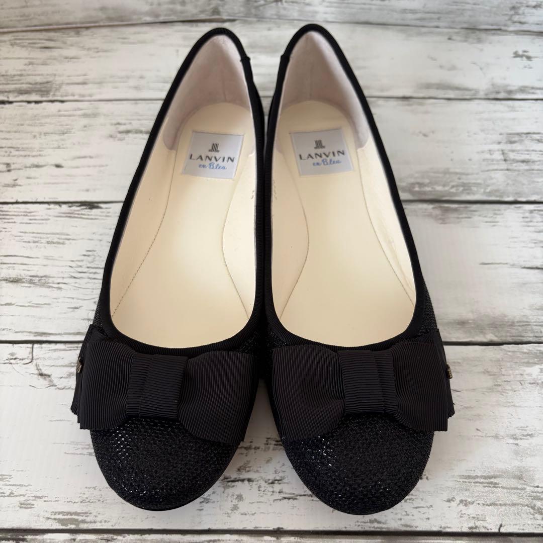 美品✨LANVIN en Bleu バレエシューズ リボン ラメ　黒 24