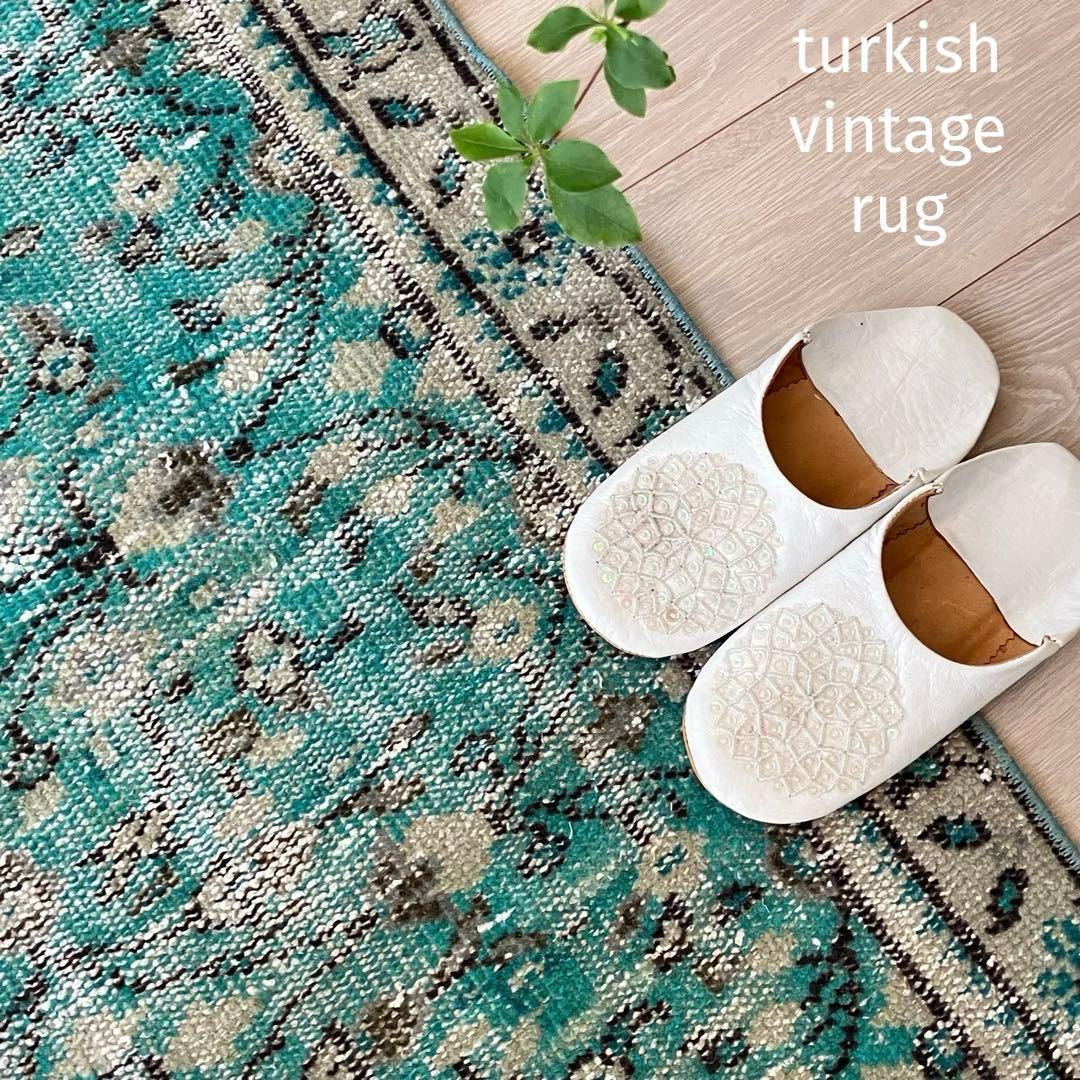 スカイブルー✳︎91×192✳︎ペールグレー　満載フラワー　トルコヴィンテージラグ