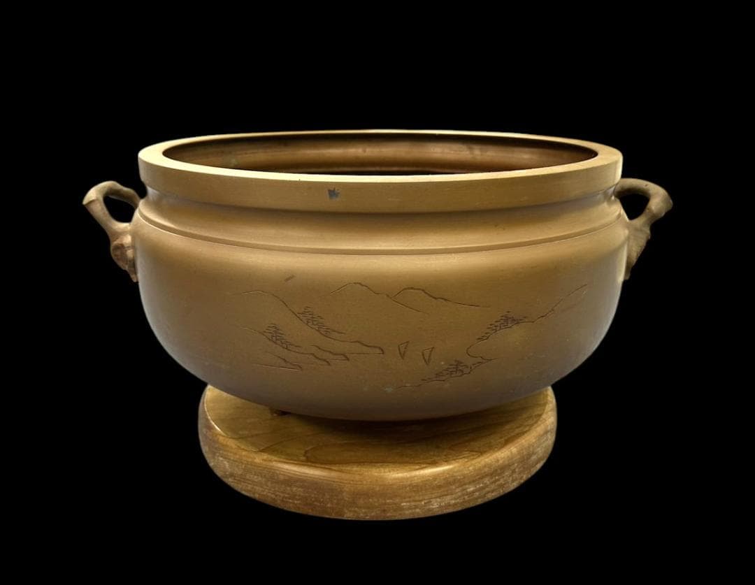 大きな 銅製 火鉢 象嵌 在銘 骨董 古玩 横幅-約53㎝ 高さ-約29㎝