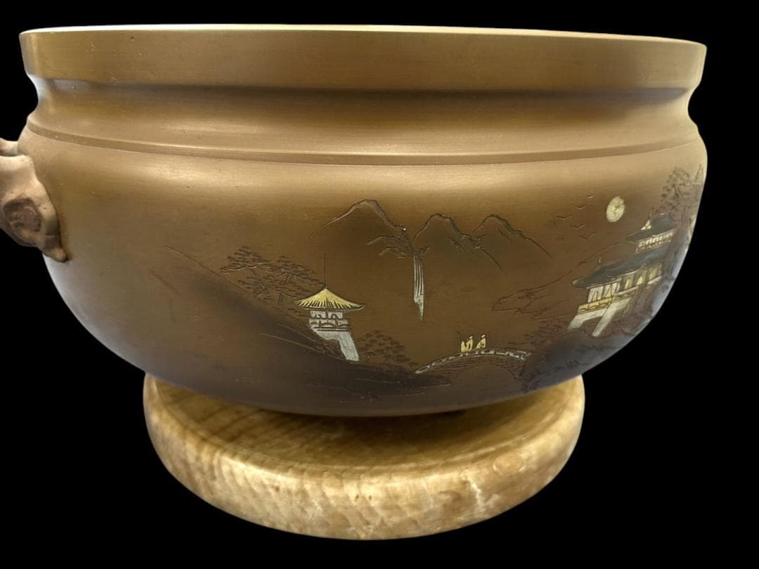 大きな 銅製 火鉢 象嵌 在銘 骨董 古玩 横幅-約53㎝ 高さ-約29㎝