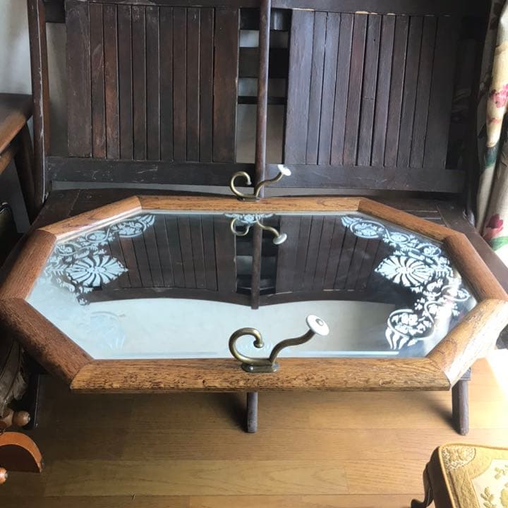 貴重特大★アメリカアンティーク　フック付き壁掛けミラー鏡　USAヴィンテージ家具