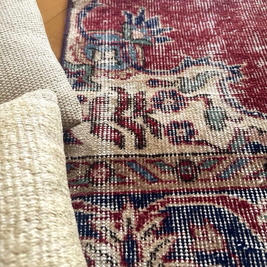 52×96 エンジ色　ボタニカル　擦れシャビー　トルコヴィンテージラグ