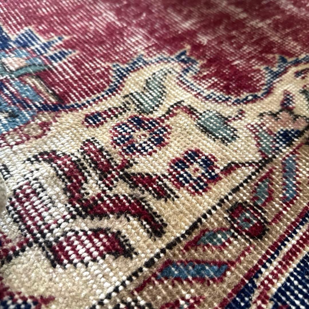 52×96 エンジ色　ボタニカル　擦れシャビー　トルコヴィンテージラグ