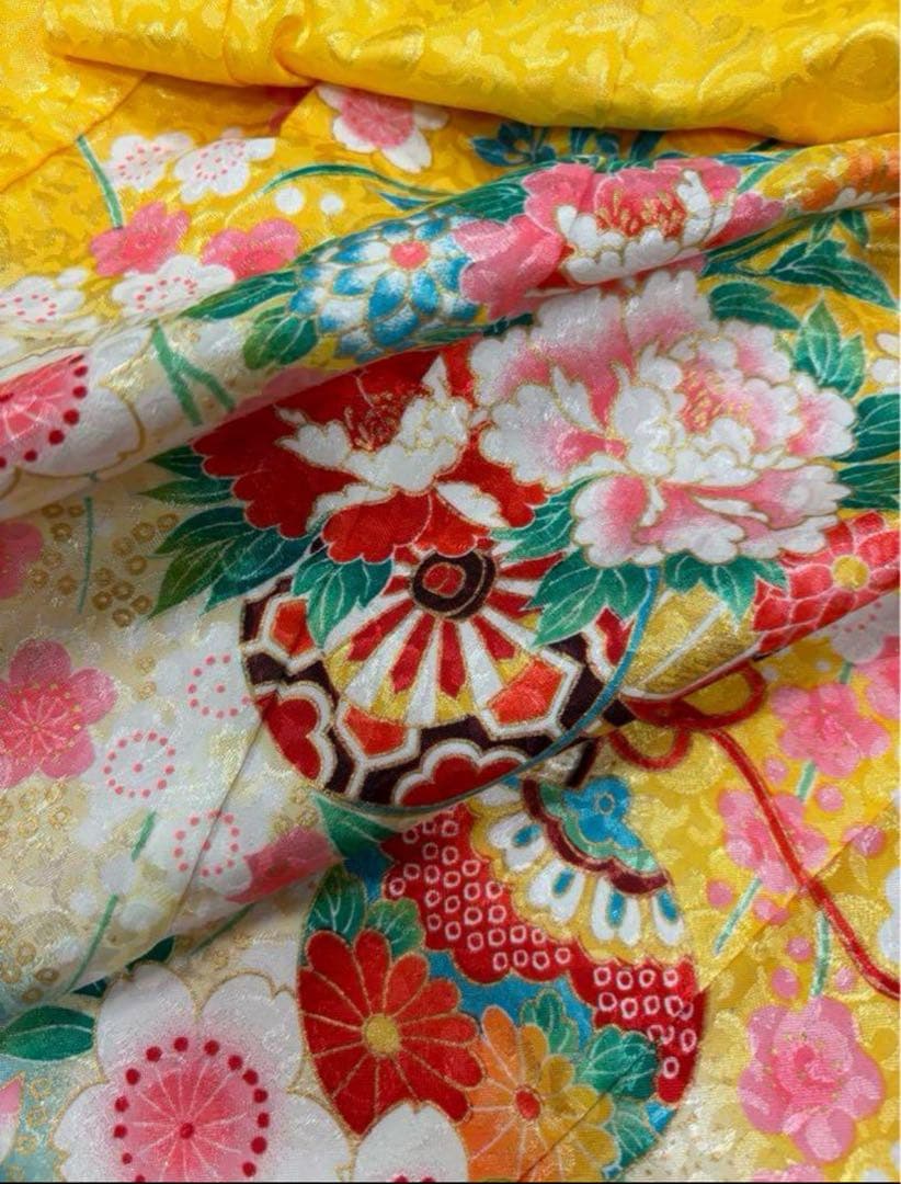 七五三　3歳女の子着物　新品　２点セット　鮮やか黄色　水色　花車　手毬　日本製