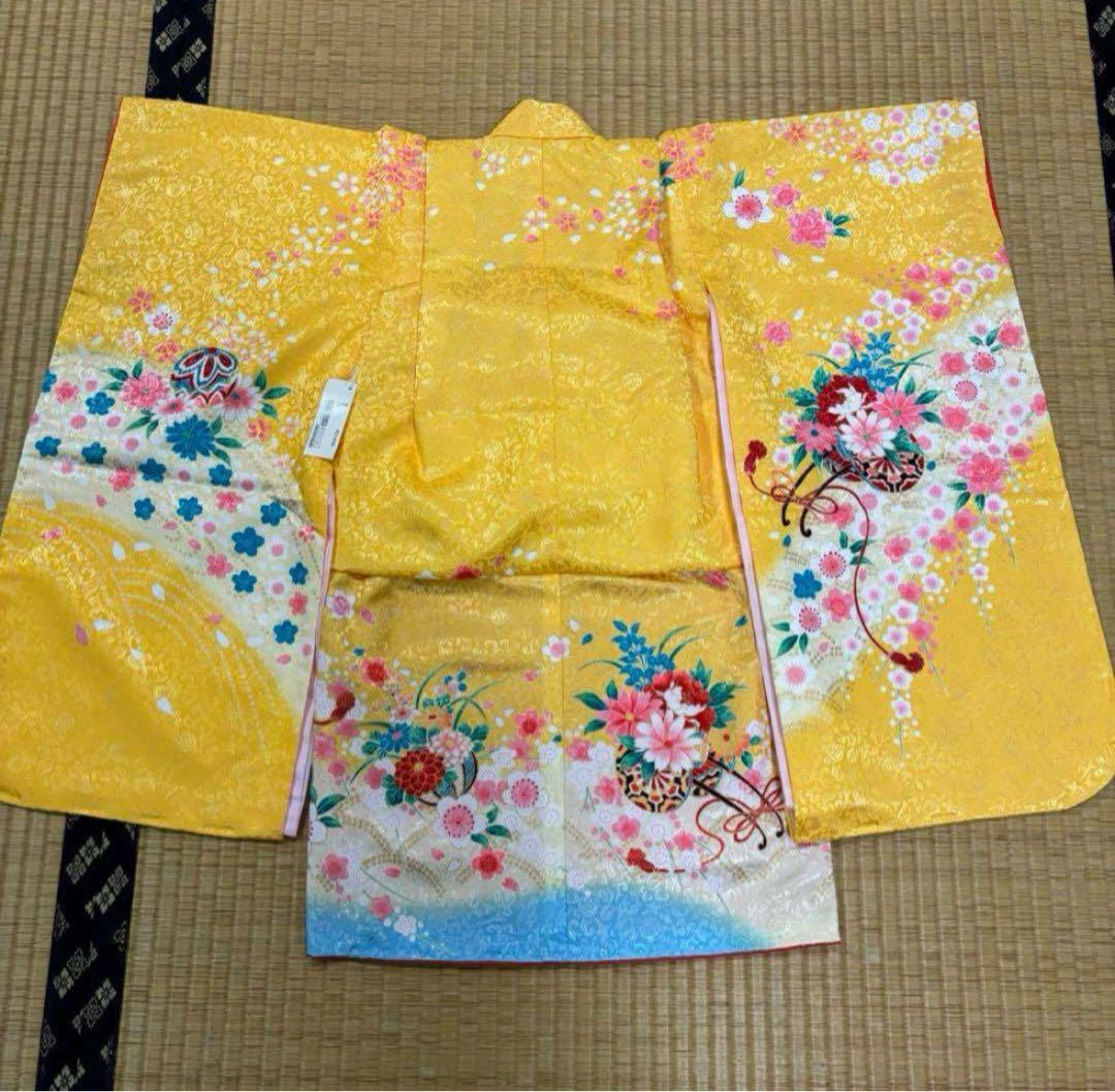 七五三　3歳女の子着物　新品　２点セット　鮮やか黄色　水色　花車　手毬　日本製