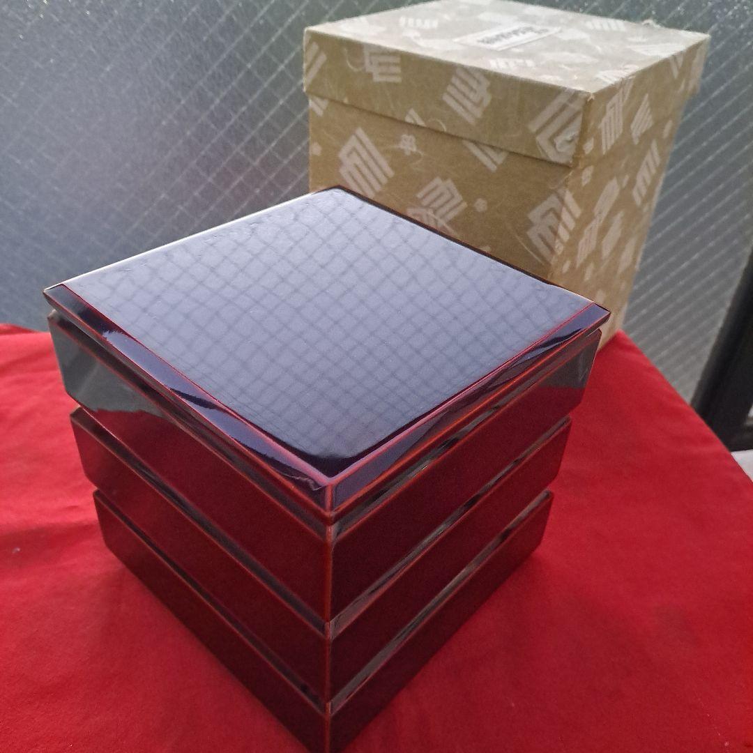 【会津漆器　5.5寸　ダイヤ/校倉型　3段重箱】天然木製　溜塗　　長期保管品