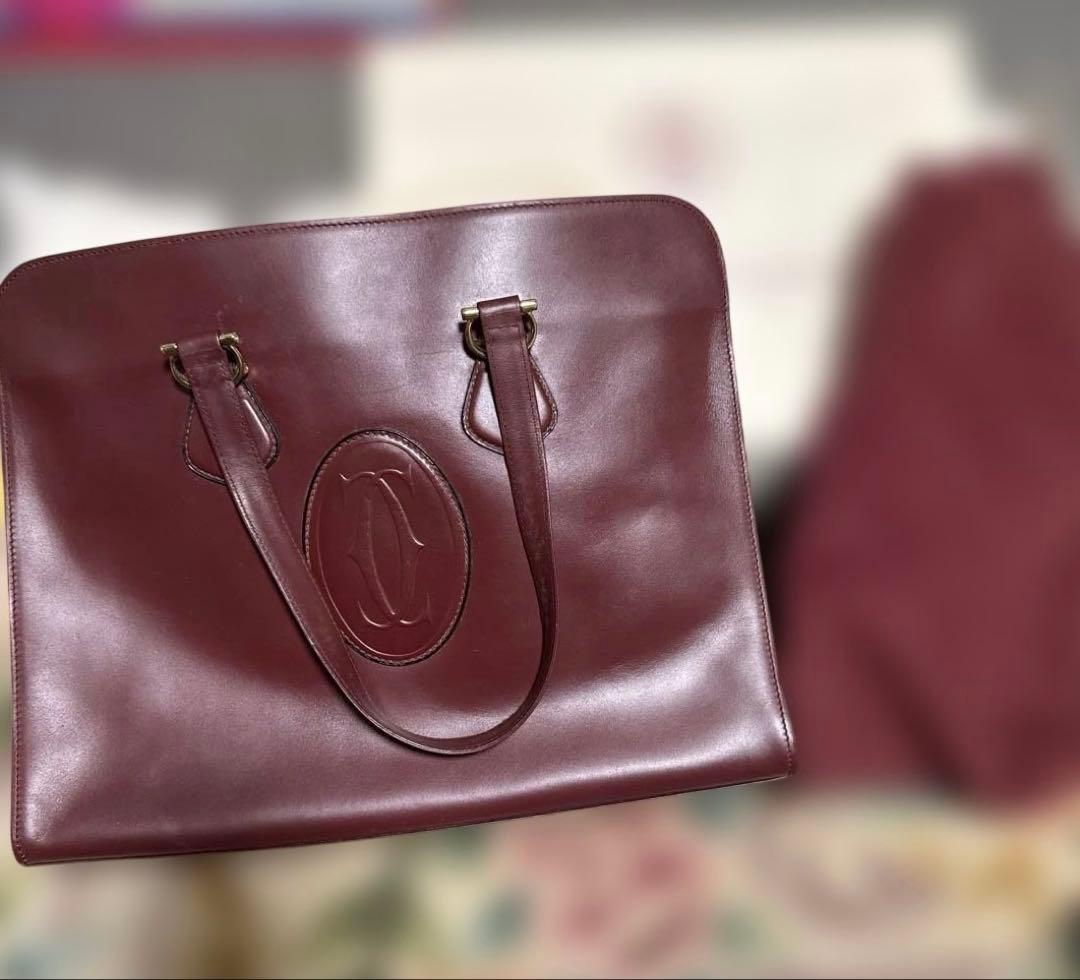 美品 カルティエ トートバッグ ボルドー A4可 ゴールド金具