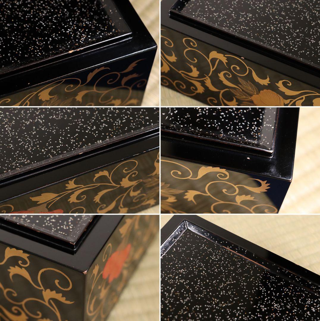 時代 牡丹唐草金蒔絵 黒塗 梨地 五段重 重台 桔梗紋 松鶴 共箱【MA120】