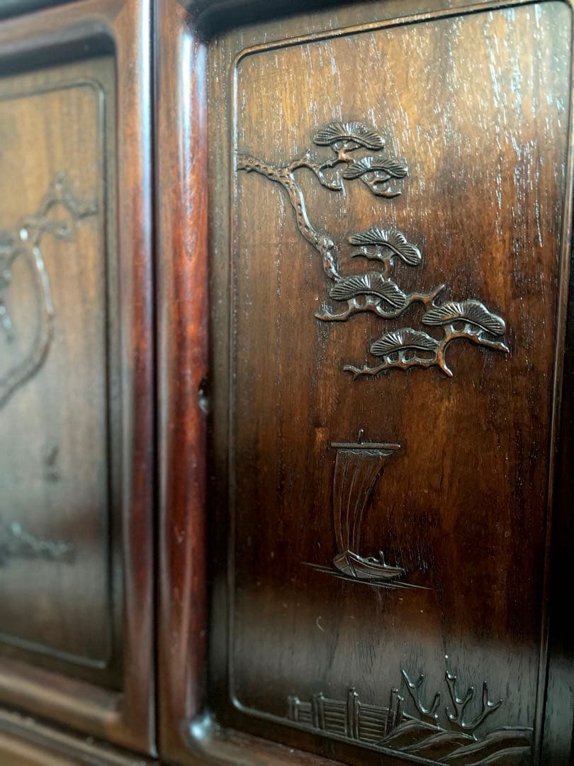 【匿名送料込み】天然木 茶棚 和風 古道具 和室家具 唐草透彫 高級家具