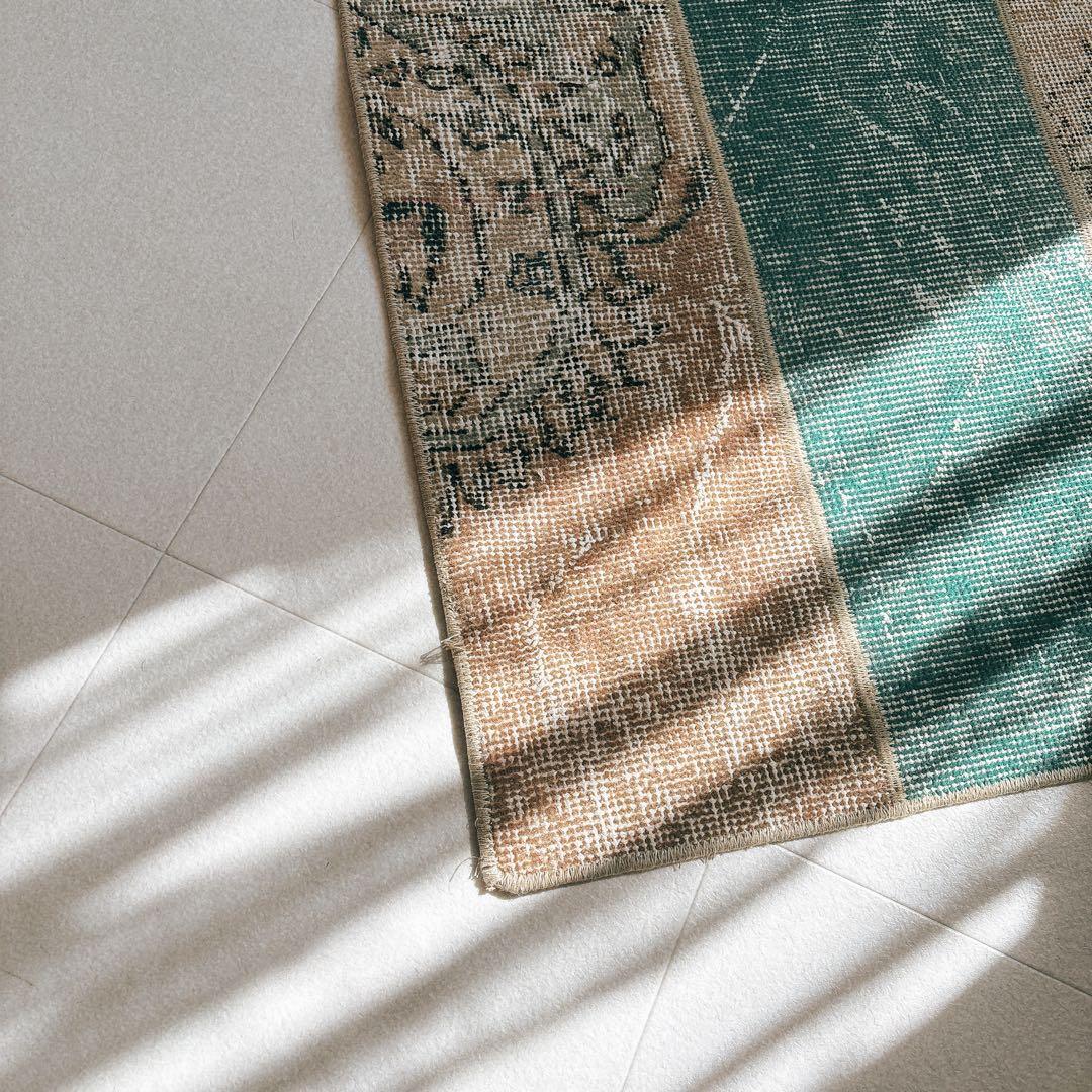 トルコ　ヴィンテージ　ラグ　パッチワーク　グリーン　ベージュ