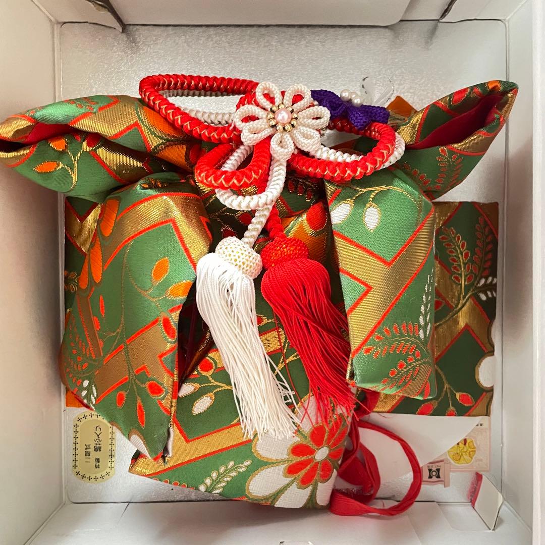 縁起の良い扇柄の七五三 7歳 着物 袋帯 長襦袢 小物セット オレンジ グリーン