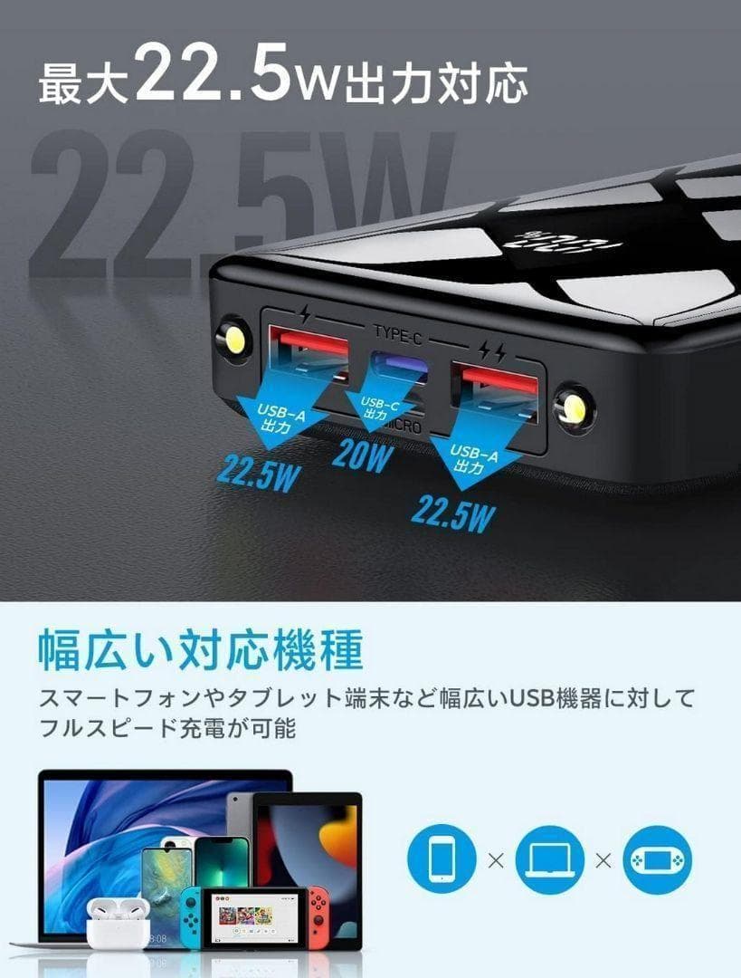 モバイルバッテリー 40000mAh大容量 3台同時充電　スマホ充電器　ブラック