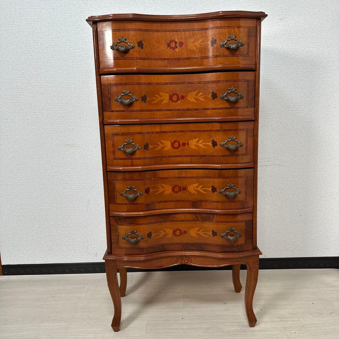 イタリア製 チェスト 5段5杯 象嵌細工 象嵌 金属取手 猫脚 i4※