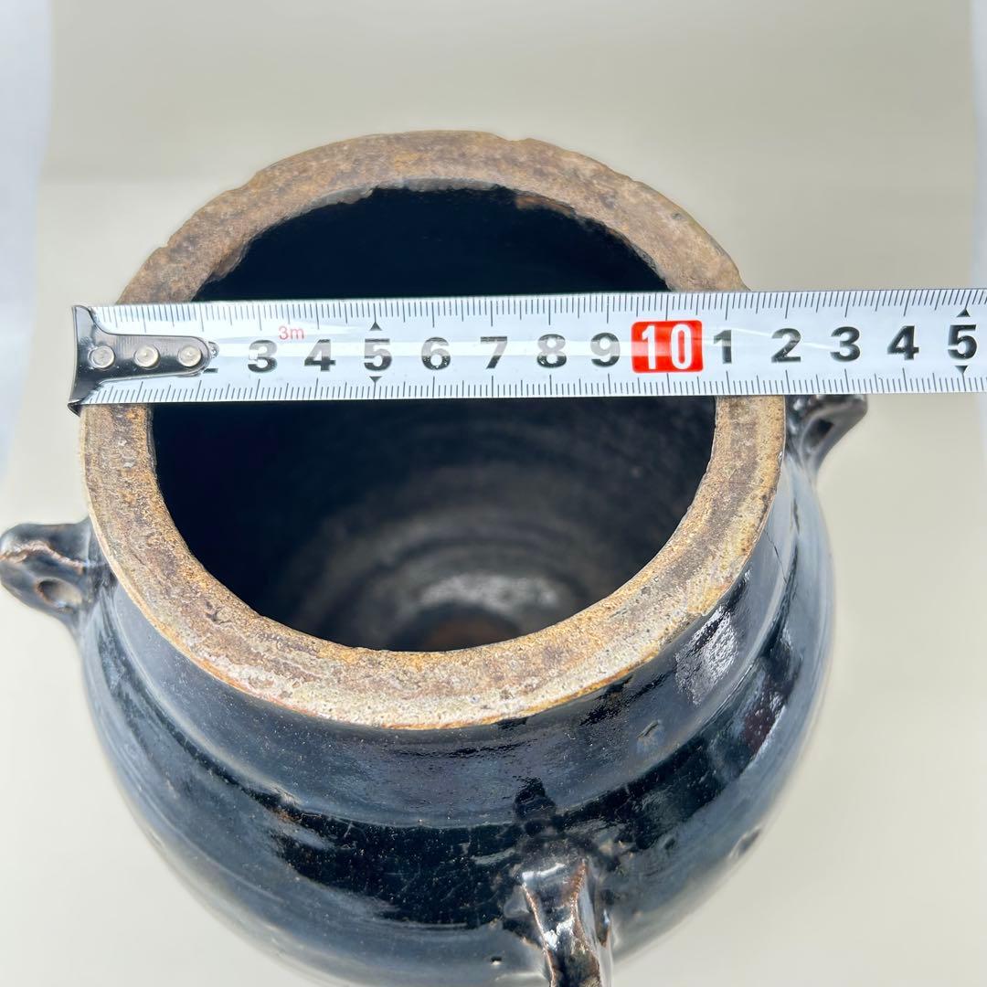 李朝初期 黒高麗壷 黒釉 李朝 壷 伝世品焼物 骨董 古玩 朝鮮 四耳瓶