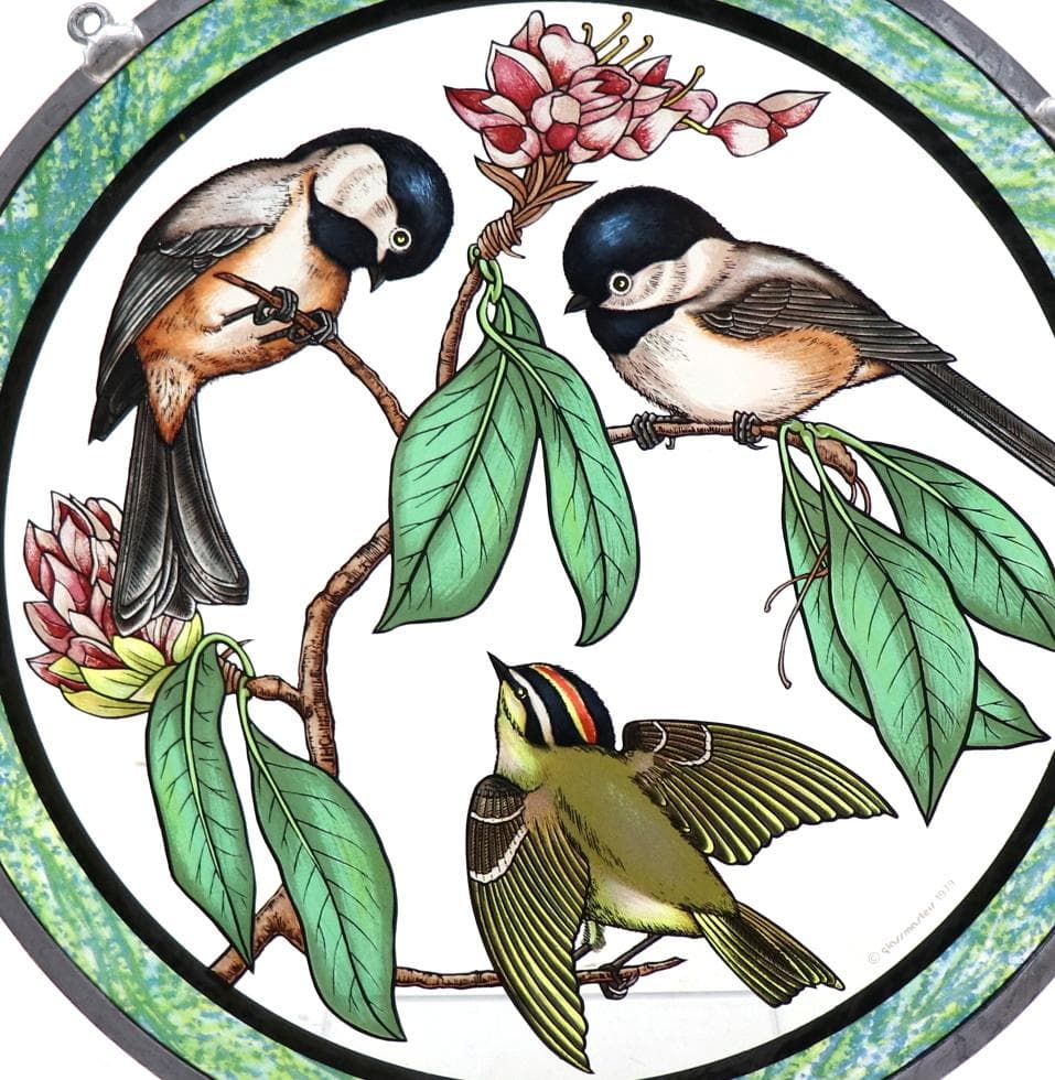 3匹の小鳥 ダブルリム ヴィンテージ ステンドグラス 大判 グリーン アメリカ