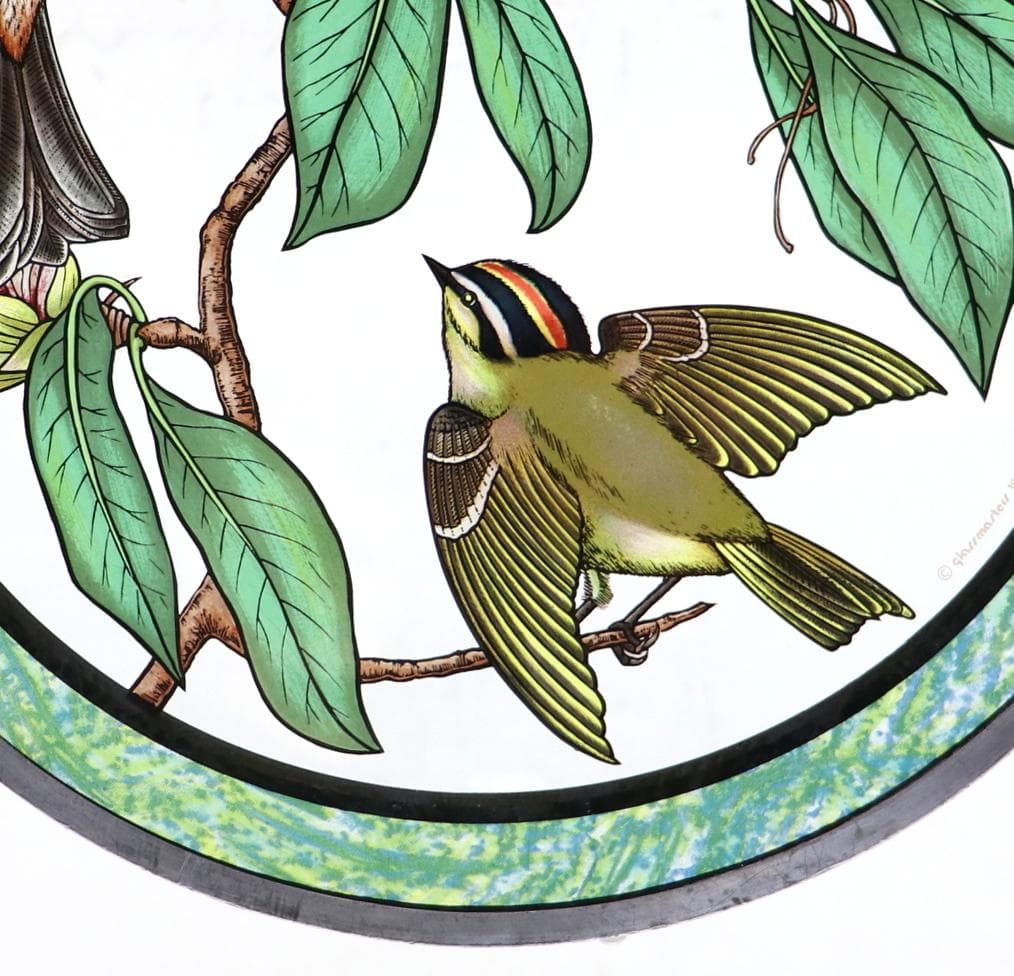 3匹の小鳥 ダブルリム ヴィンテージ ステンドグラス 大判 グリーン アメリカ