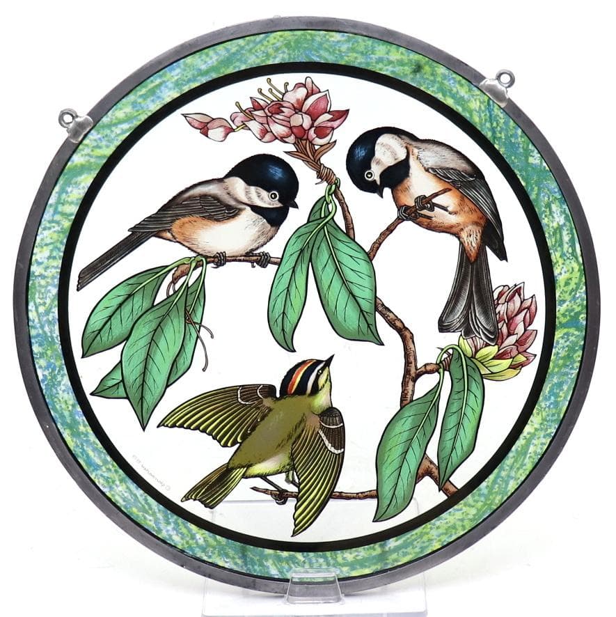 3匹の小鳥 ダブルリム ヴィンテージ ステンドグラス 大判 グリーン アメリカ