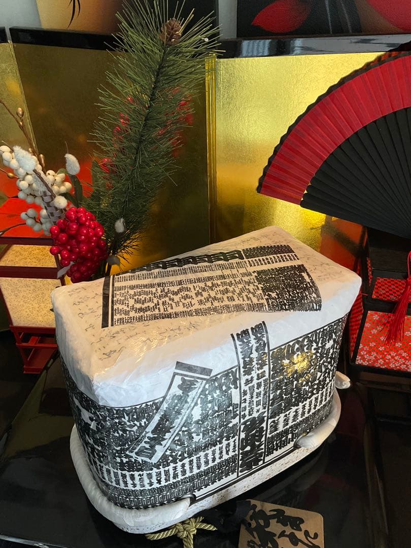 一閑張り　大相撲　相撲番付表　和風　黒白文様　かごバッグ