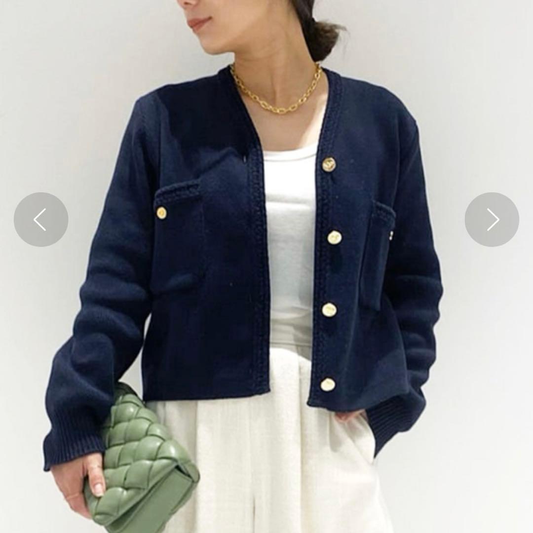 美品　プラージュ　ゴールドボタンニットジャケット　金ボタン　ノーカラー　コットン