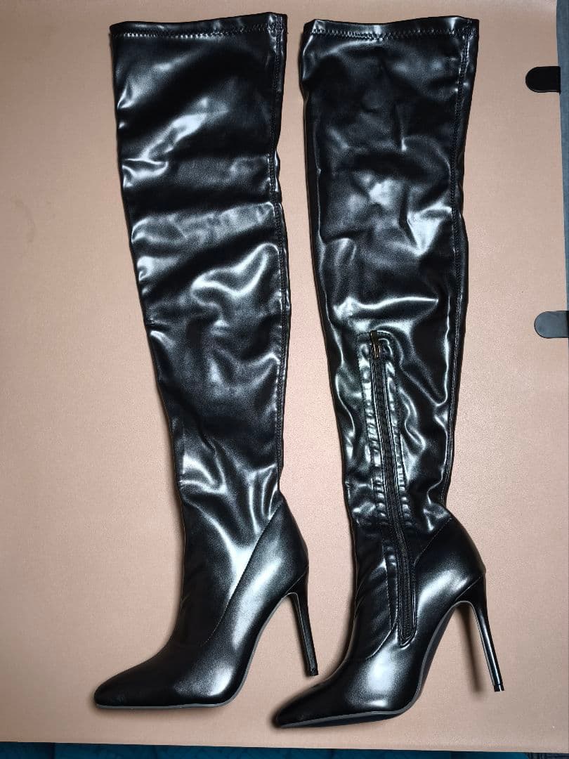 25.5cm ストレッチ ポインテッドトゥ ピンヒール サイハイブーツ