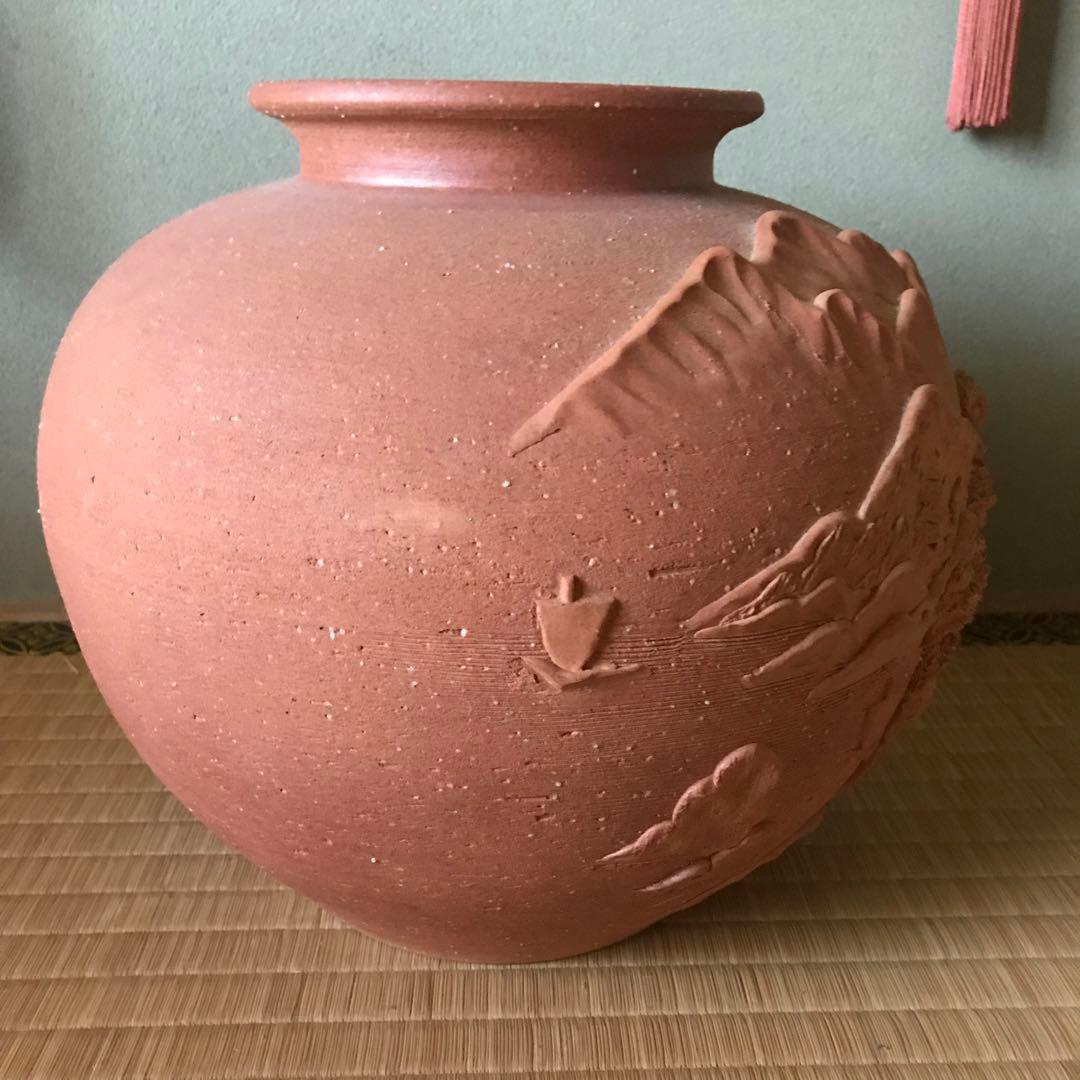 希少 特大 信楽焼 紫郎作 山水 立体 彫刻 丸壺 花瓶