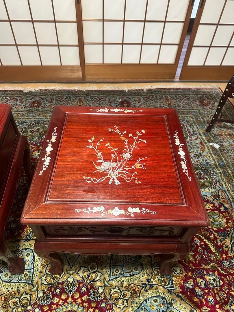 螺鈿細工 引き出し收納　木彫 花台 電話台 置物台 サイドテーブル2点セット