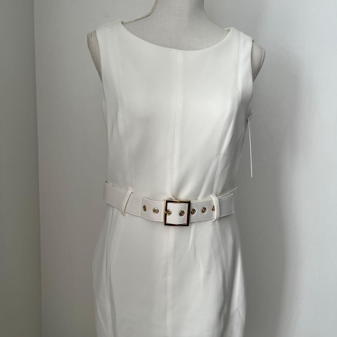 【新品】 白ノースリーブひざ丈ワンピース ベルト付き　L