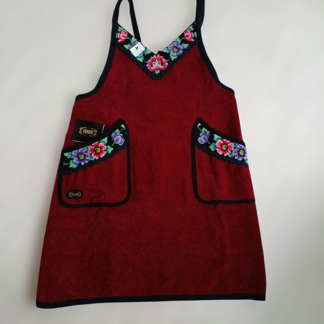 FEILER 花柄刺繍エプロン 赤