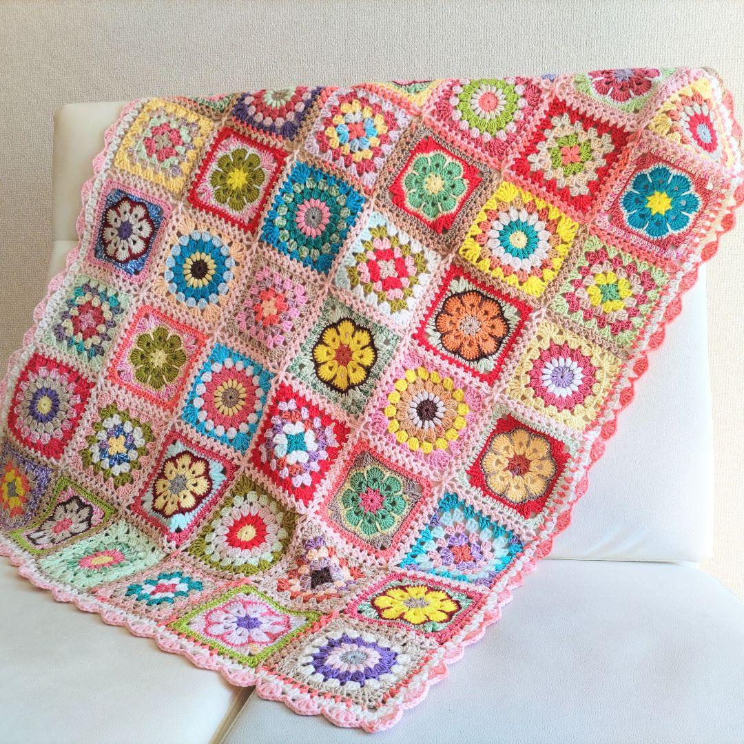 手編みブランケットmix★グラニースクエア★カラフル★フラワー★かぎ針編み
