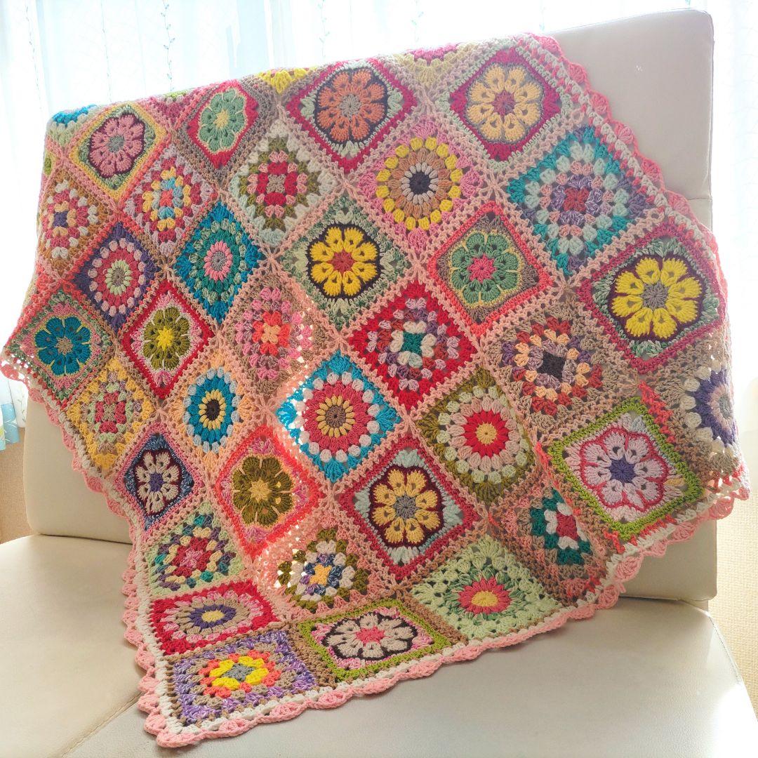 手編みブランケットmix★グラニースクエア★カラフル★フラワー★かぎ針編み