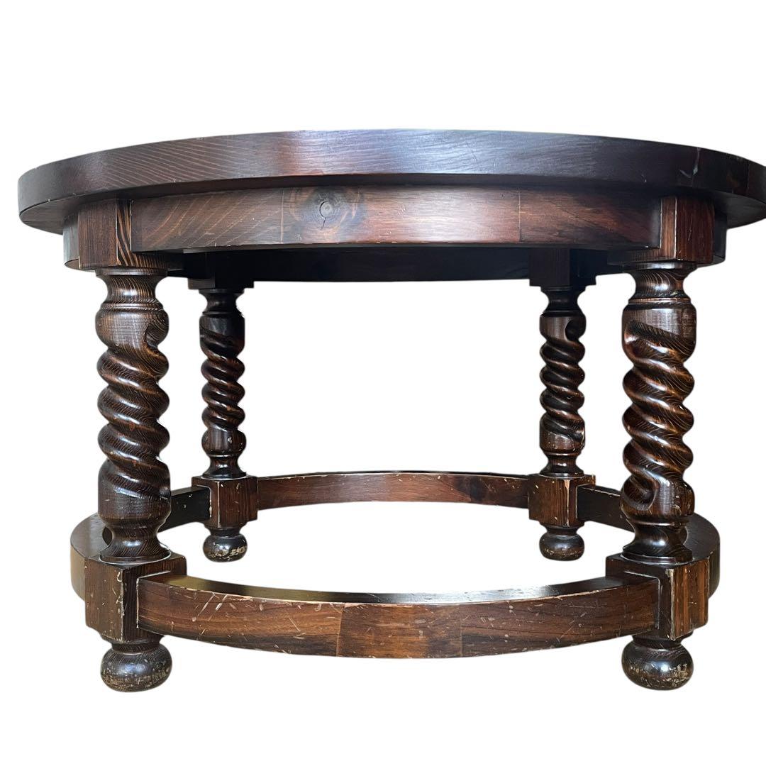 スペイン ビンテージ 彫刻 ラウンド 丸 ローテーブル ガラス天板 直径80cm