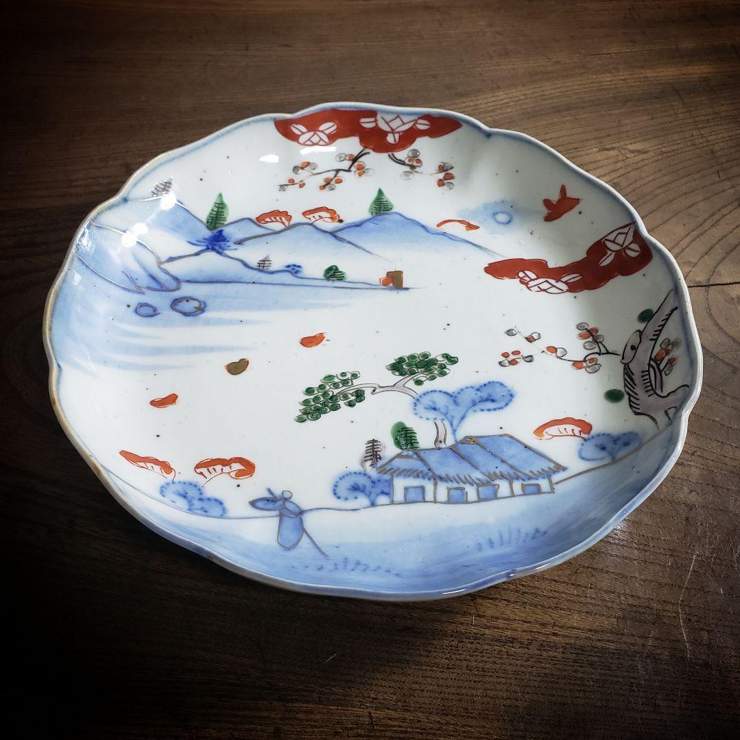 皿　色絵　山水　江戸　家屋　古伊万里　染付　鳥　松竹梅