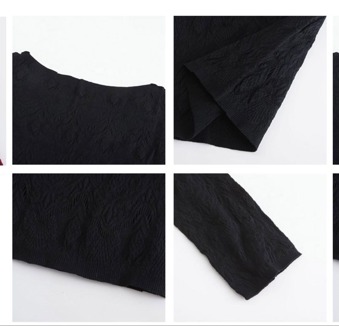 ストレッチレース長袖トップス 黒　ノーソーイングニット　黒